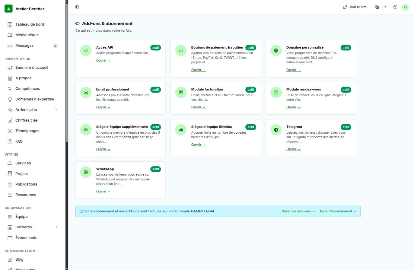 L'écran des add-ons : une carte par add-on, avec une pastille actif et un lien qui ouvre le module.